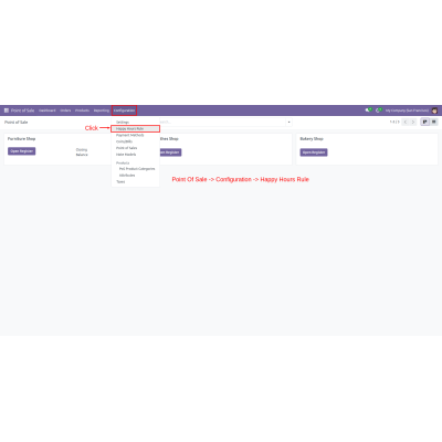 Access the Happy Hours Rule by navigating to POS and then Configuration.