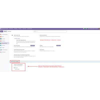 Admin can select manufacturing process costing method as "Manually" or "Work-Center".