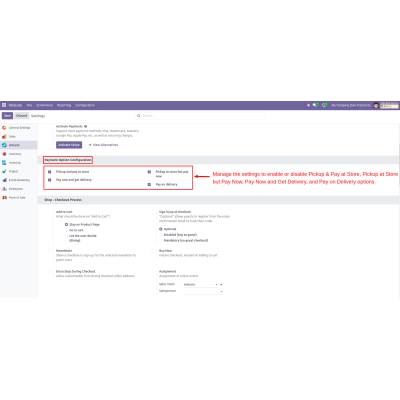 Set up preferences for Pickup & Pay at Store, Pay Now options, and Pay on Delivery configurations.