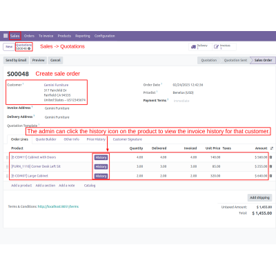 Use the history icon under Sales and Quotation to review the invoice history for the product.