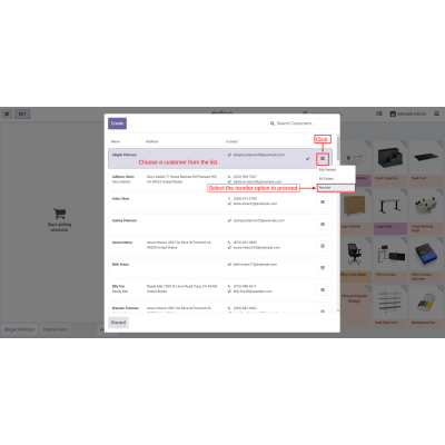 Select a customer from the list to initiate reordering, then click the three-line icon to choose the reorder option.