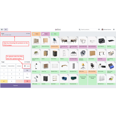 Select the product on the POS screen and upload order line files by clicking the upload button.