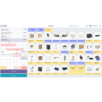Add items to the cart, then click on the employee tab to select the employee for sharing.