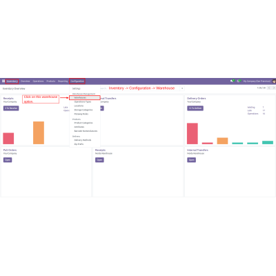 Navigate to Inventory Configuration Warehouse and select the warehouse to manage details.