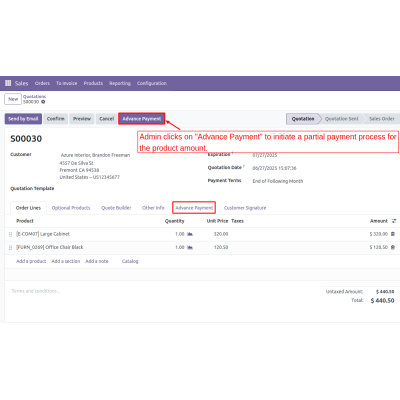 While creating a quotation, users can choose "Advance Payment" to pay in advance before finalizing the order.