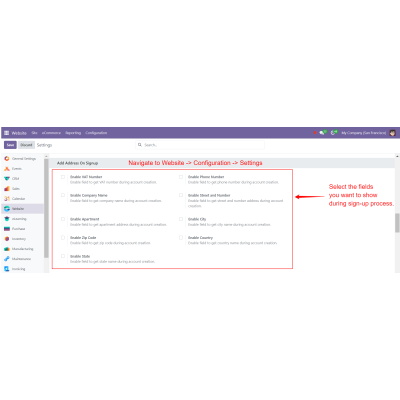 Settings to enable/disable fields like VAT Number, company name, and more for the sign-up process.
