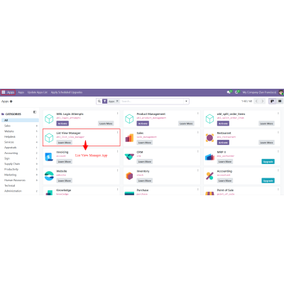 Shows the List View Manager app in the Odoo Apps menu.