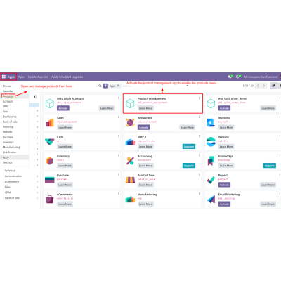 Open the Apps menu and activate the Product Management app