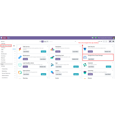 Provides a dedicated interface within Odoo to access, manage, and organize Google Drive files and folders.