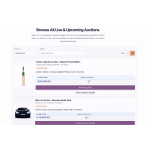 View auctions in a clean grid layout with live status, bids, and quick access buttons.